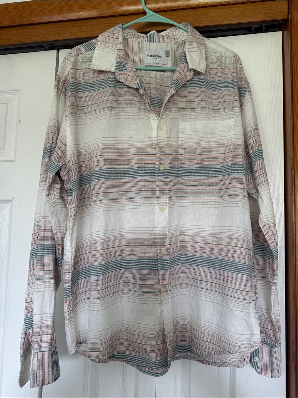 Goodfellow & Co Men's Striped Button-Up Shirt - Cream with Pink & Blue Stripes